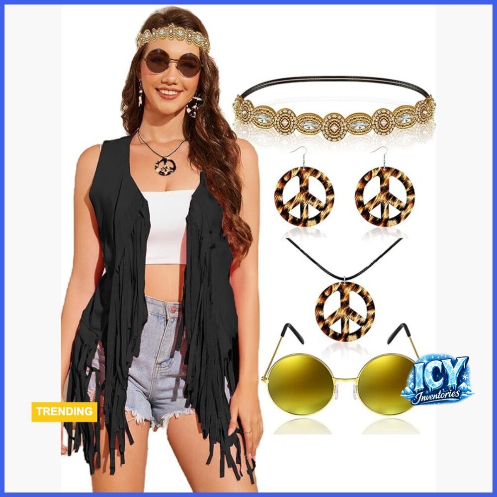 Faux Suede Tassel Fringe Vest Hippie Costume Set with Accessories